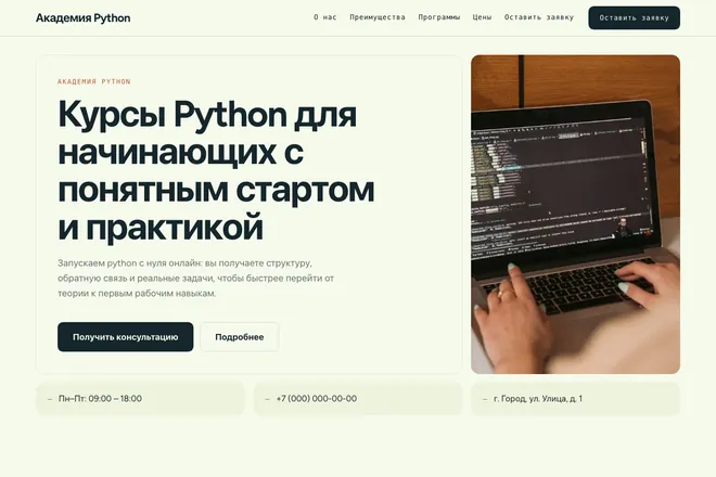 Первый экран лендинга, ниша: Обучение Python