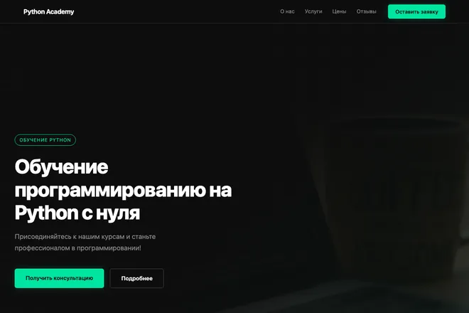 Первый экран лендинга, ниша: Обучение Python