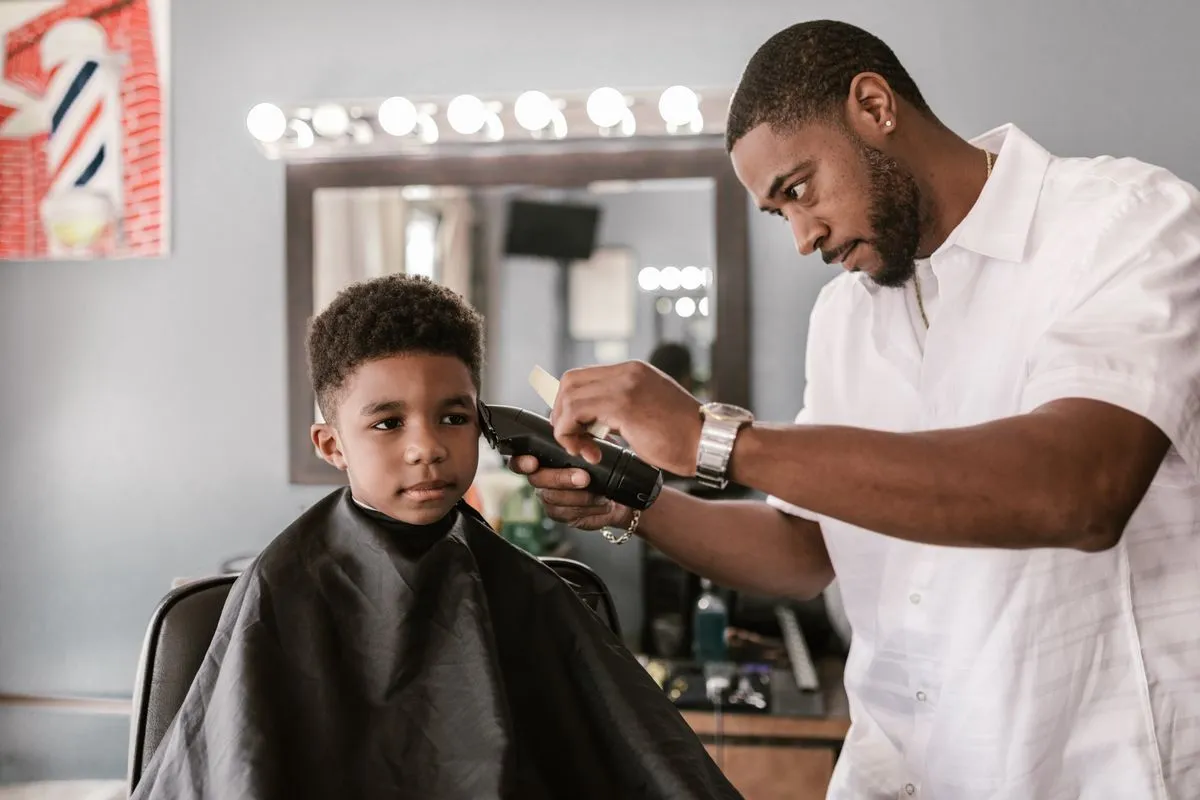 A calm children's barber shop chair setup for kids haircuts