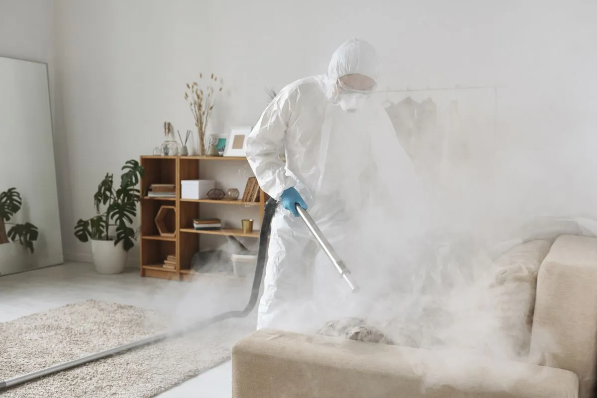 Technician performing sofa cleaning service on a gray couch with spot treatment