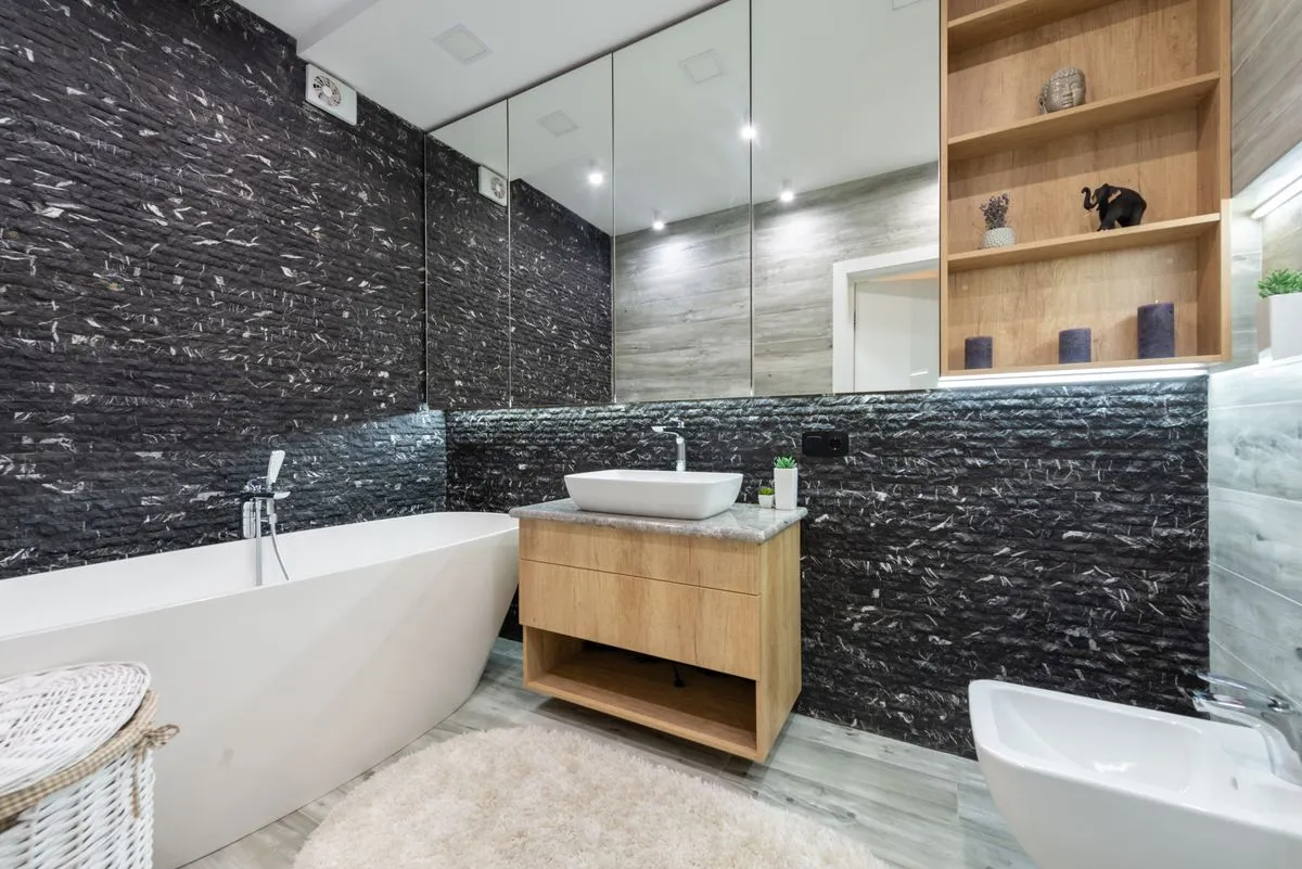 Modern custom bathroom vanity with double sinks and warm wood finish