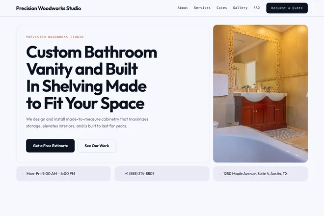 Landing page first screen, niche: Custom Cabinets & Assembly