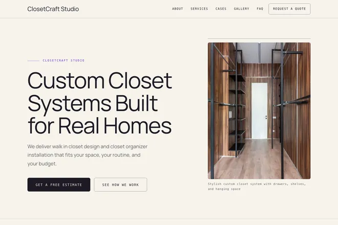 Landing page first screen, niche: Custom Cabinets & Assembly