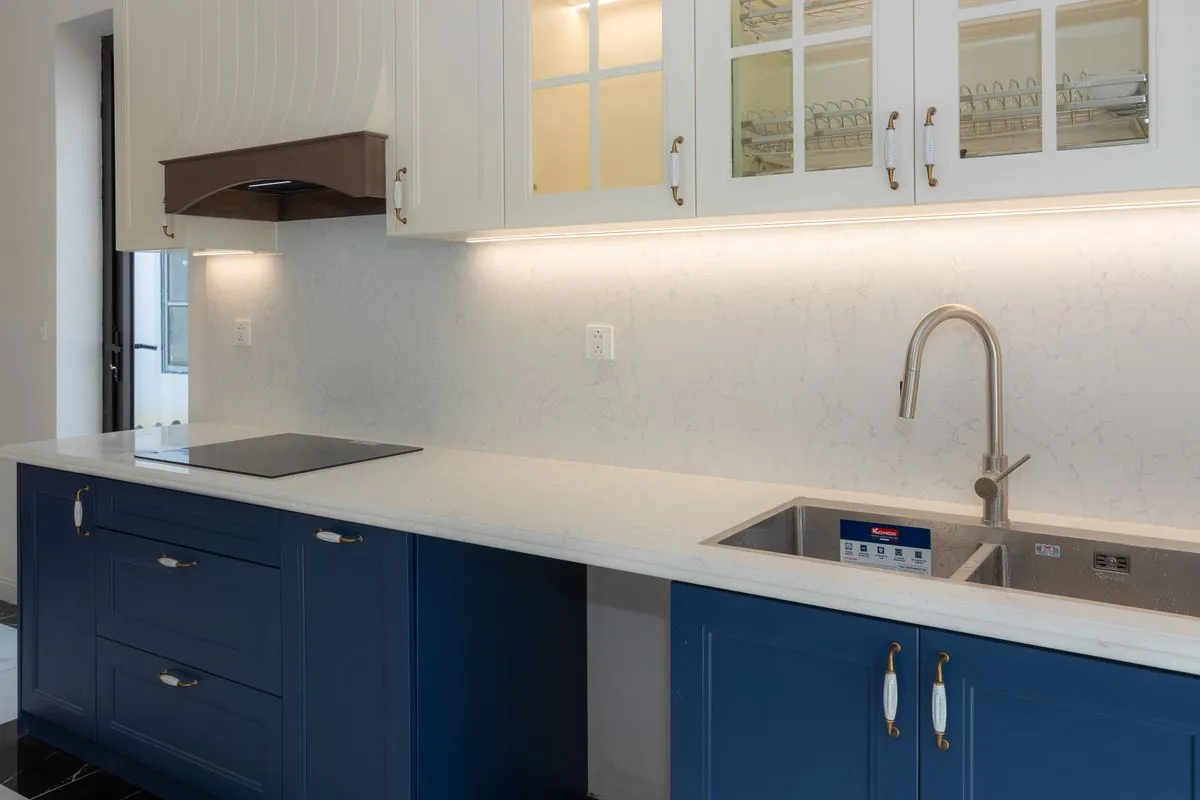 Finished remodel showing custom kitchen cabinets in a contemporary family kitchen