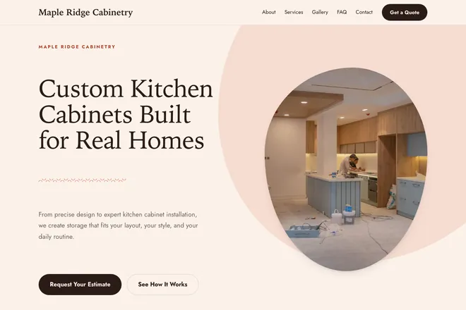 Landing page first screen, niche: Custom Cabinets & Assembly