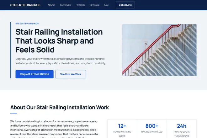 Landing page first screen, niche: Custom Staircases