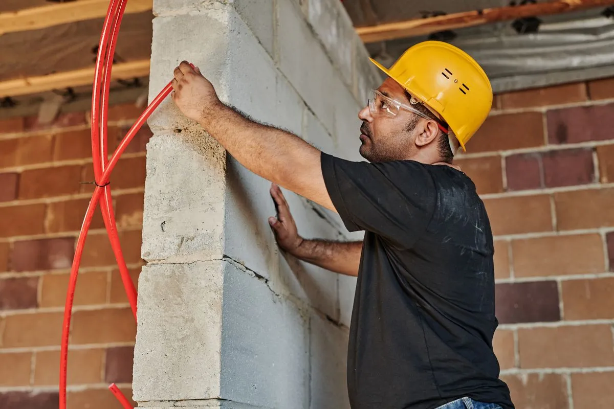 Drywall installation crew measuring and hanging sheetrock in a modern home interior