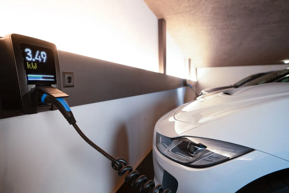 Home car charger install beside a parked electric vehicle in a clean garage