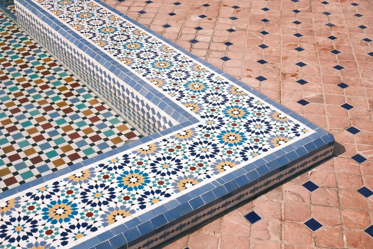 Finished geometric floor tile pattern in a modern bathroom
