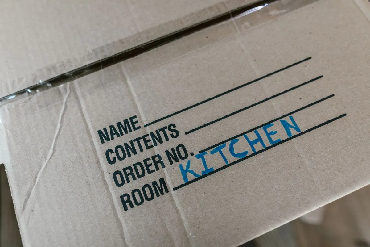Residential movers carrying boxes through an apartment hallway