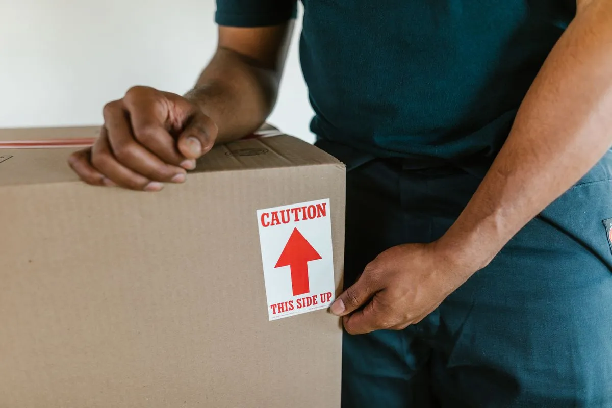 Apartment moving service team placing boxes in a new living room