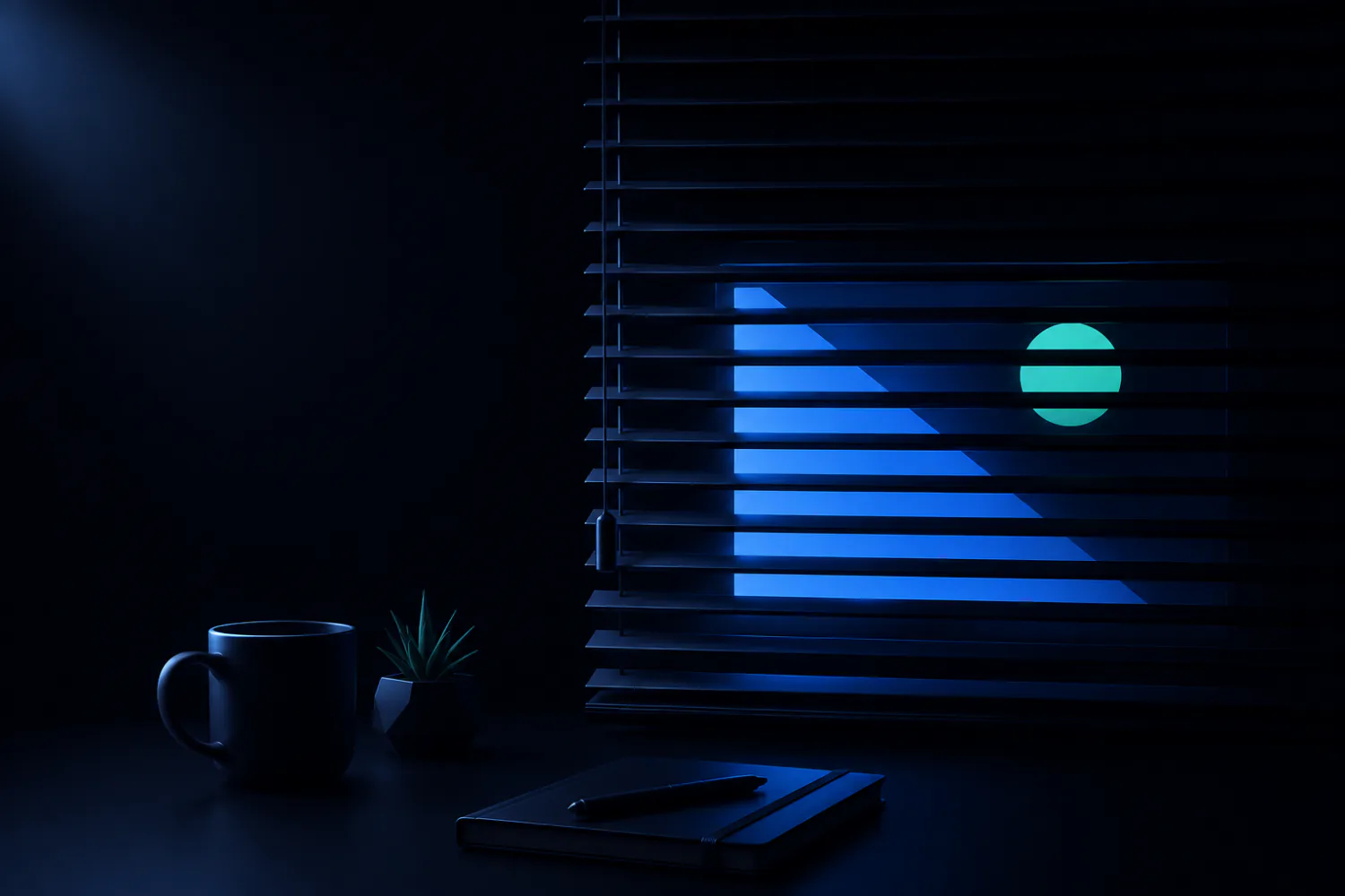 A dark room with half-closed blinds, a screen glowing behind them showing a single form and one green indicator