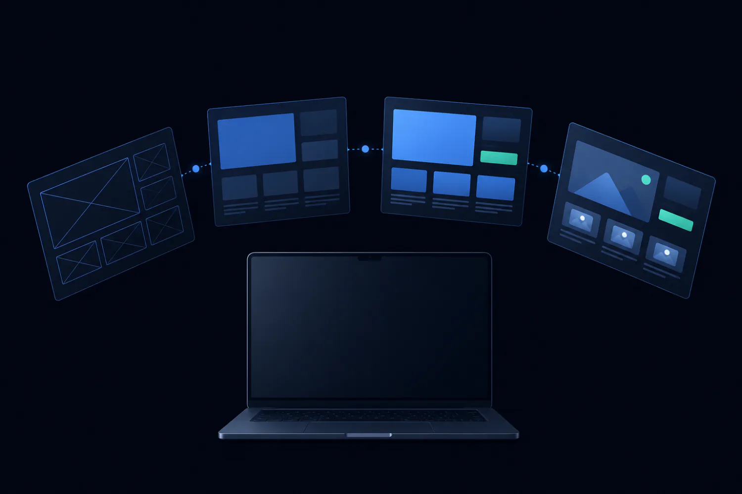 Notebook de tela apagada e, acima dele, quatro camadas de uma página: o rascunho, o esqueleto, o layout com cores e a página pronta