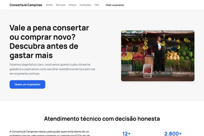 Primeira tela da landing page, nicho: Conserto de Eletrodomésticos