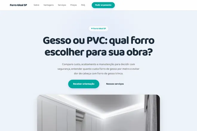 Primeira tela da landing page, nicho: Forro e Gesso