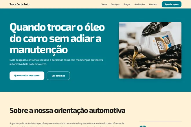 Primeira tela da landing page, nicho: Oficina Mecânica