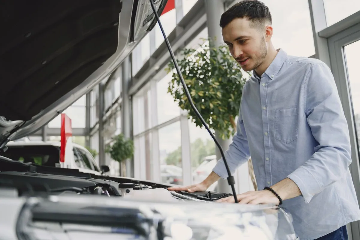 Baias de atendimento da oficina com carros em revisão