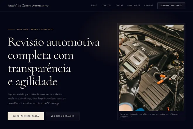 Primeira tela da landing page, nicho: Oficina Mecânica
