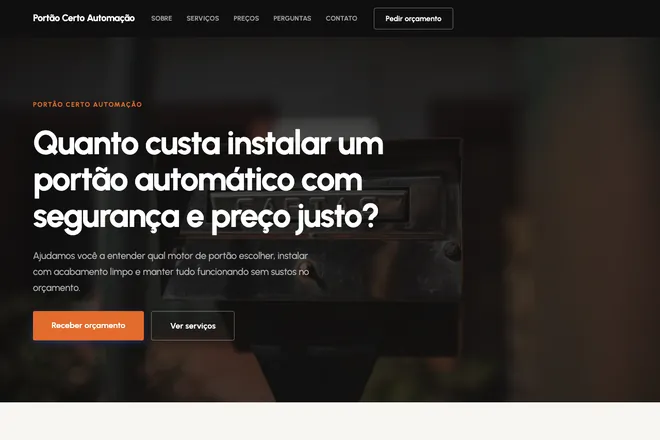 Primeira tela da landing page, nicho: Portões e Cercas